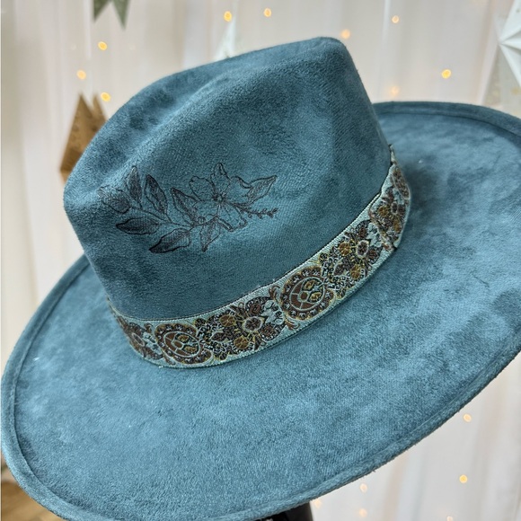 Blue Hat with Embroidered band and hand burned design - Picture 2 of 3